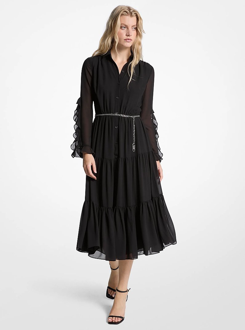 Ruffled Georgette Midi Dress in BLACK | Michael Kors