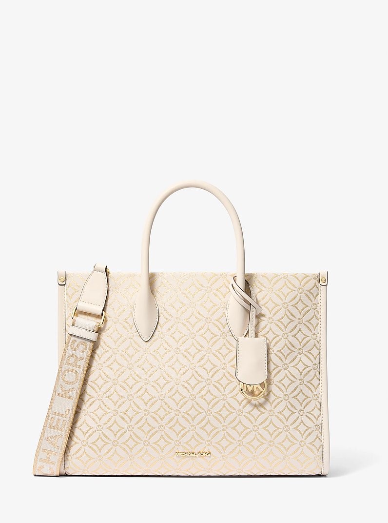 Mirella Medium Metallic Logo Jacquard Tote Bag in LT CRM MULTI | Michael Kors