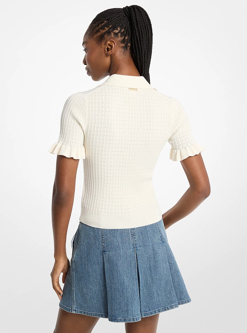 Knit Ruffle-Sleeve Polo Top