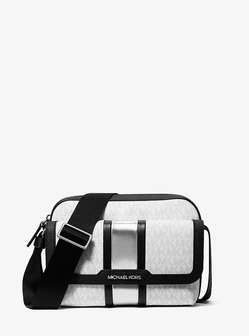 Cooper Medium Signature Logo Stripe Camera Crossbody Bag in SILVER | Michael Kors
