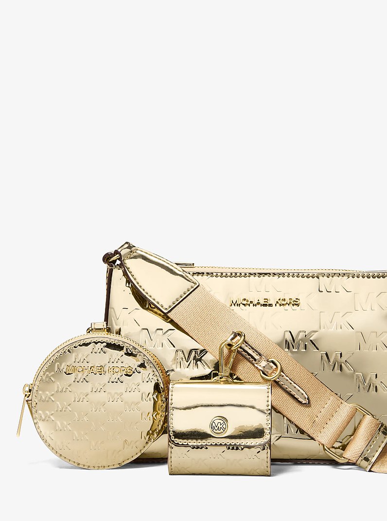 Jet Set Small Metallic Logo Debossed Crossbody Bag with Case for Apple Airpods Pro&reg; in DORADO P&Aacute;LIDO | Michael Kors