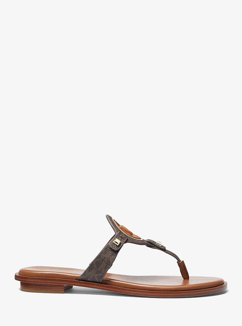Aubrey Cutout Signature Logo and Leather T-Strap Sandal in BROWN