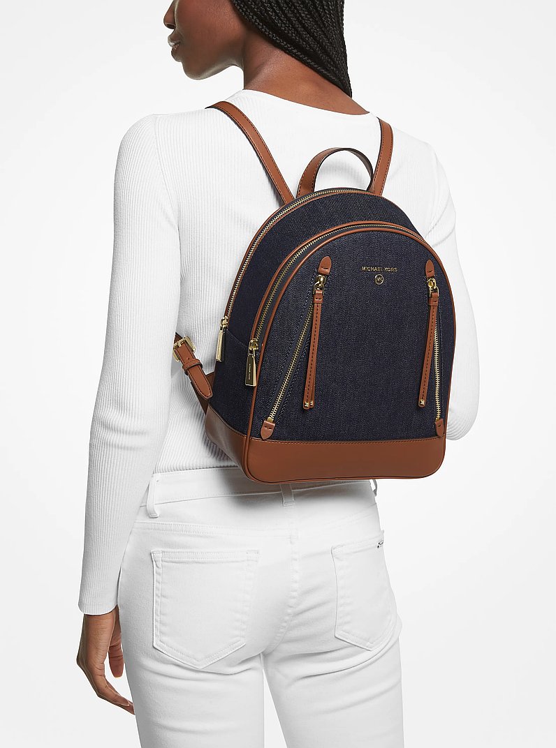 Brooklyn Medium Denim and Leather Backpack in DARK DENIM MULTI