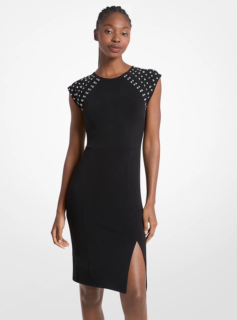 Studded-Sleeve Stretch Matte Jersey Dress in BLACK | Michael Kors