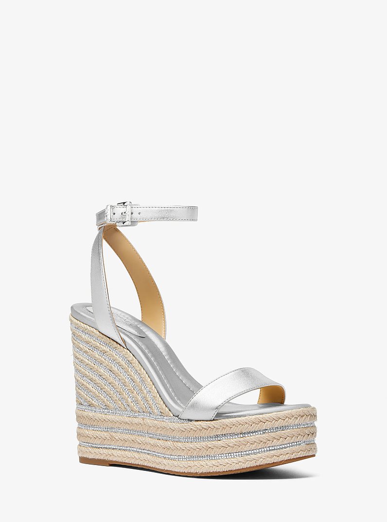 Leighton Metallic Leather Wedge Sandal in SILVER | Michael Kors