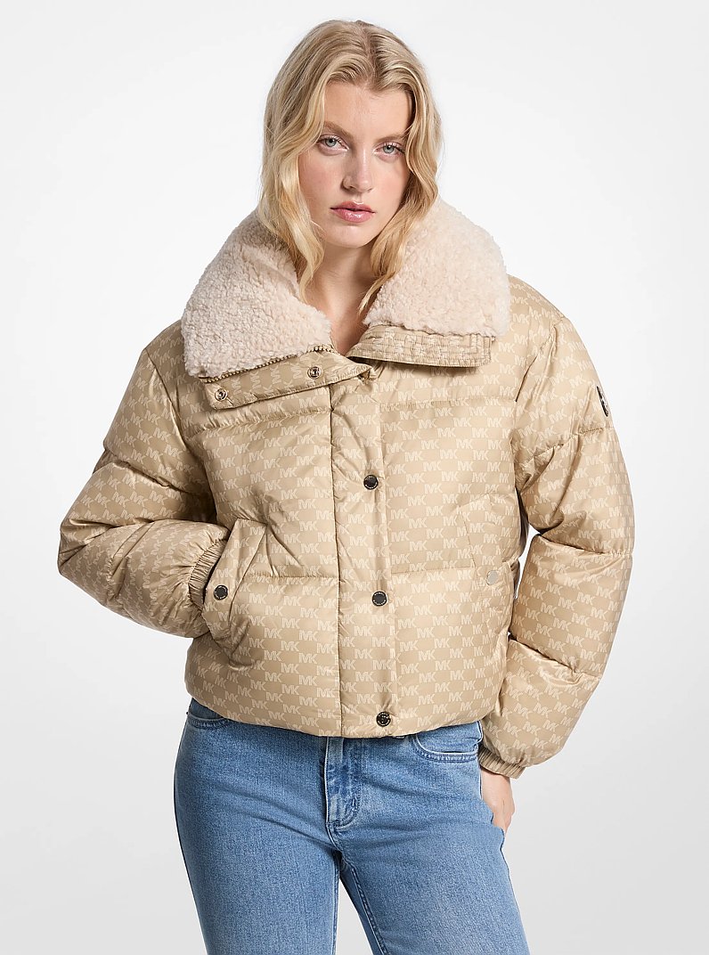 Logo Print and Sherpa Puffer Jacket in KHAKI | Michael Kors