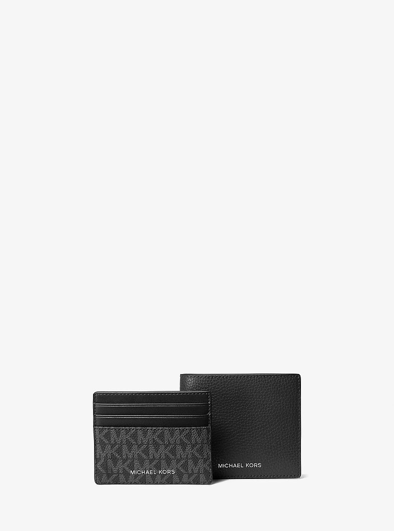 Pebbled Leather Billfold Wallet and Signature Logo Card Case Gift Set in BLACK | Michael Kors