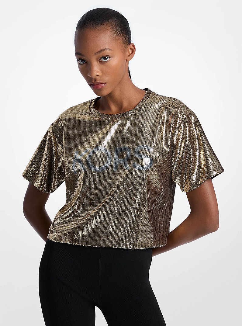 KORS Sequined Boxy T-Shirt in BLACK/GOLD | Michael Kors
