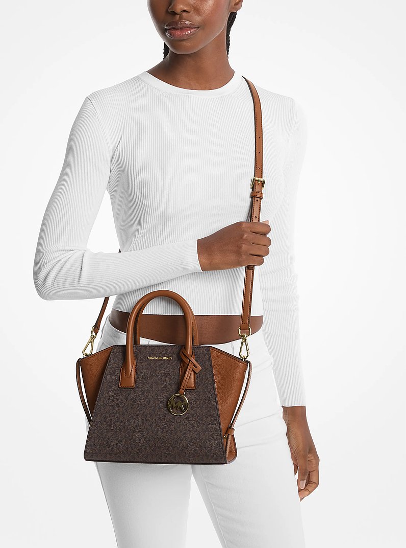 Avril Small Logo and Leather Satchel in BROWN | Michael Kors