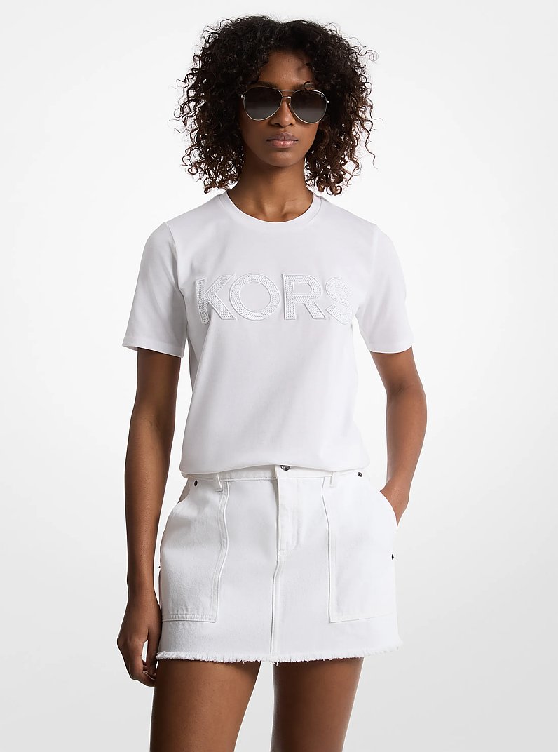 Sequined Logo Cotton T-Shirt in WHITE | Michael Kors