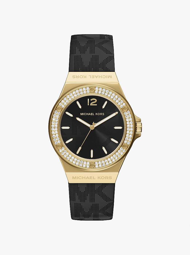 Reloj Lennox en tono dorado con incrustaciones de pav&eacute; y correa con logotipo in NEGRO | Michael Kors