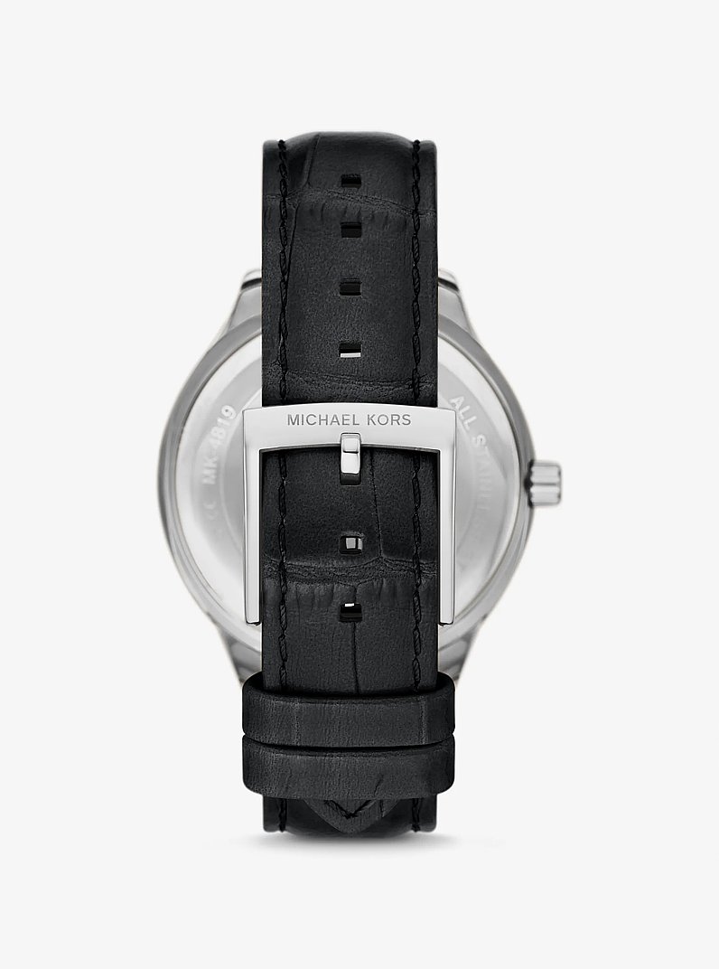 Sage Pav&eacute; Silver-Tone and Crocodile Embossed Leather Watch in BLACK | Michael Kors
