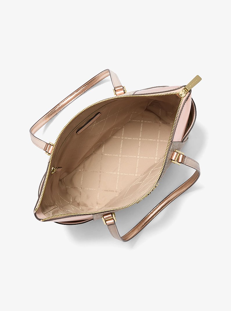 Charlotte Large Signature Logo and Metallic Top-Zip Tote Bag in ROSE GOLD | Michael Kors