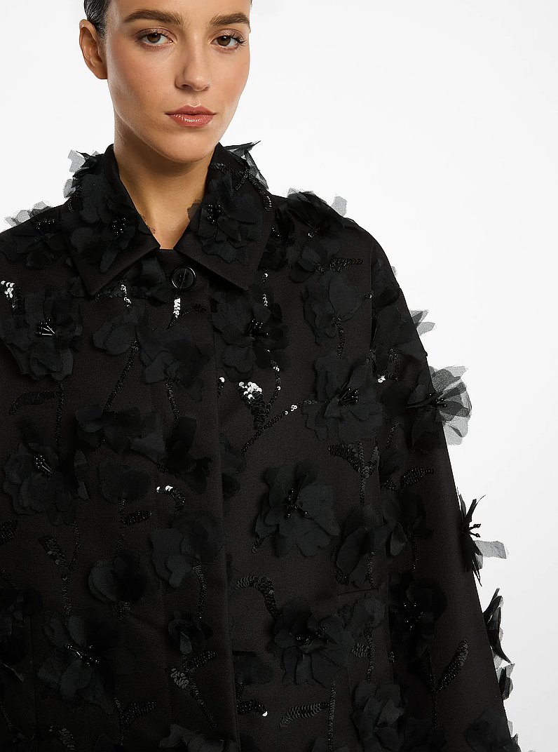 Hand-Embellished Floral Silk and Wool Mikado Balmacaan in BLACK | Michael Kors