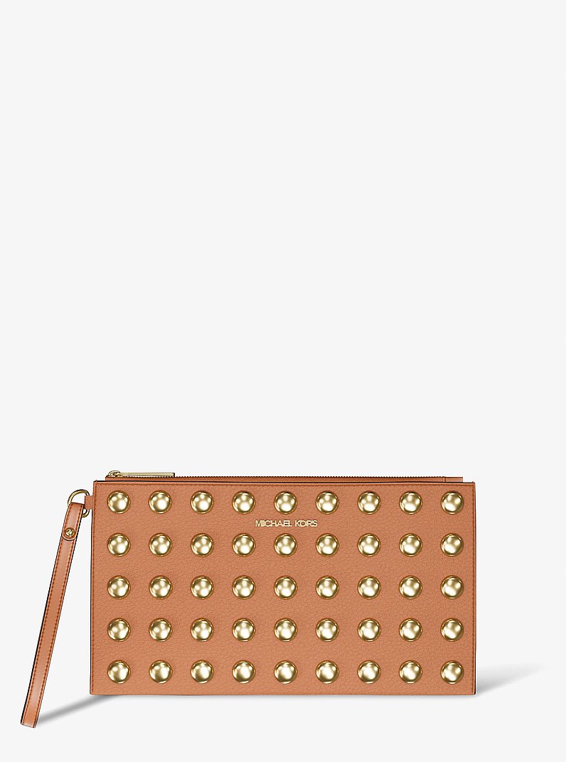 Jet Set Large Studded Pebbled Leather Wristlet in LUGGAGE | Michael Kors