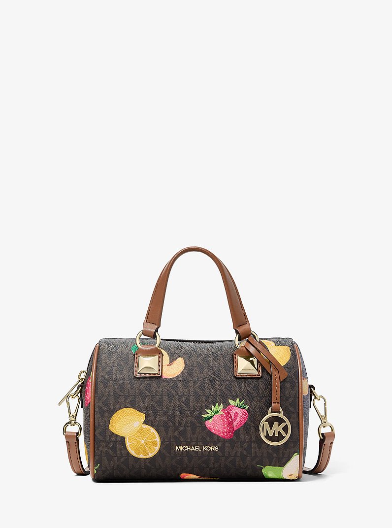 Grayson Small Printed Signature Logo Duffel Crossbody Bag in BROWN | Michael Kors
