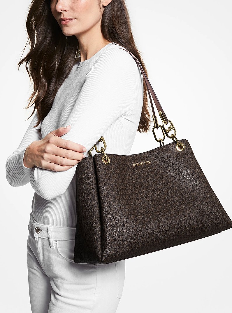 Trisha Large Logo Shoulder Bag in BROWN | Michael Kors