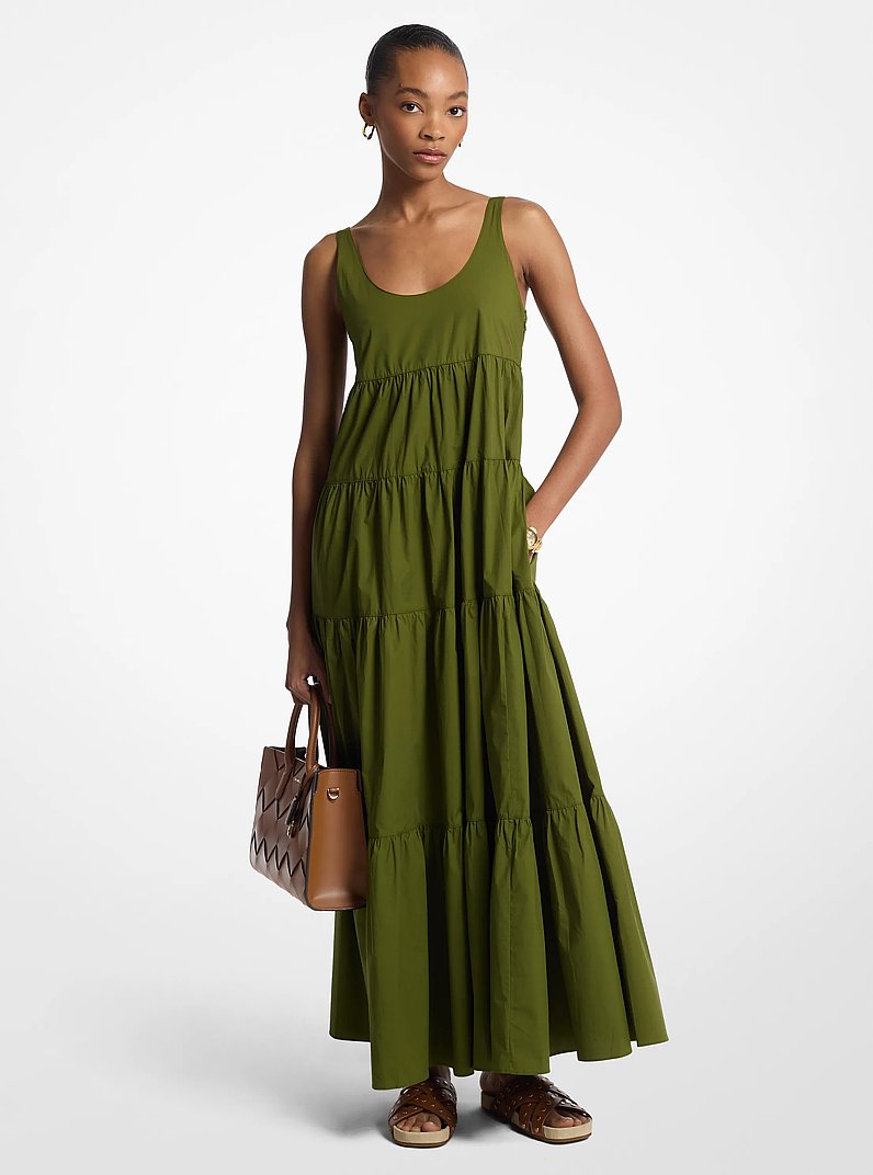 Stretch Cotton Tiered Dress in EVERGREEN | Michael Kors