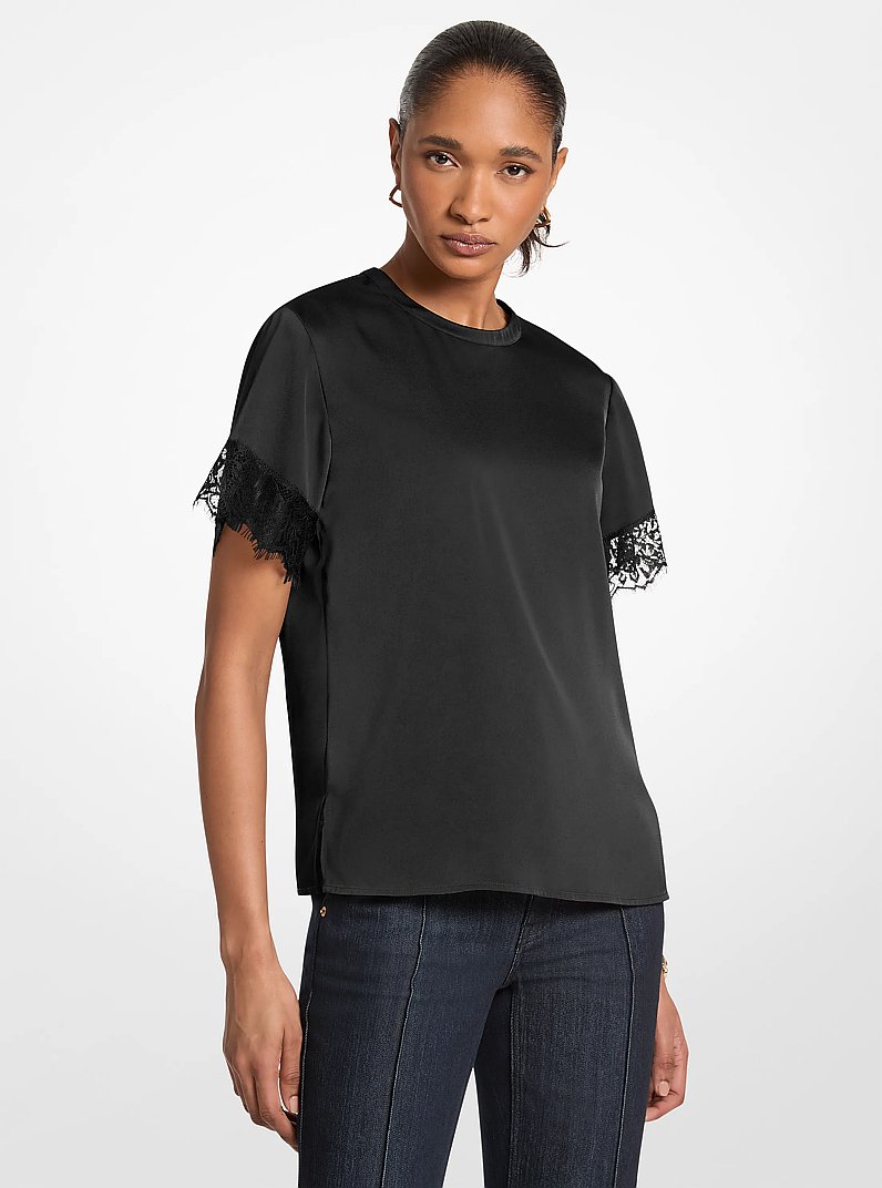 Satin Lace Trim Shirt in BLACK | Michael Kors