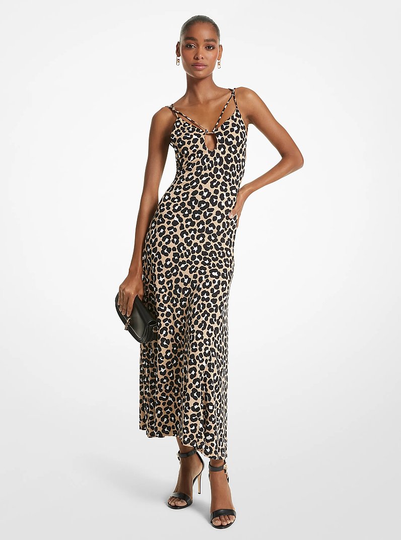 Leopard Print Matte Jersey Cutout Slip Dress in KHAKI/BLACK | Michael Kors
