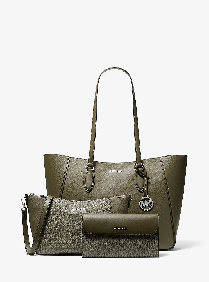 Jet Set Travel Large Smooth and Signature Logo 3-in-1 Tote Bag in OLIVE | Michael Kors