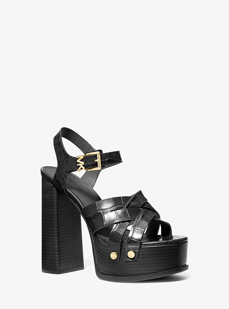 Nora Crocodile Embossed Leather Platform Sandal in BLACK | Michael Kors