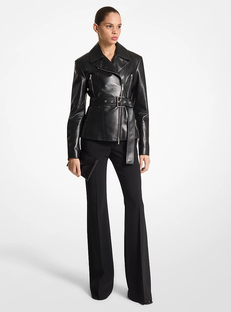 Giacca biker in pelle plong&eacute; con cintura in NERO | Michael Kors