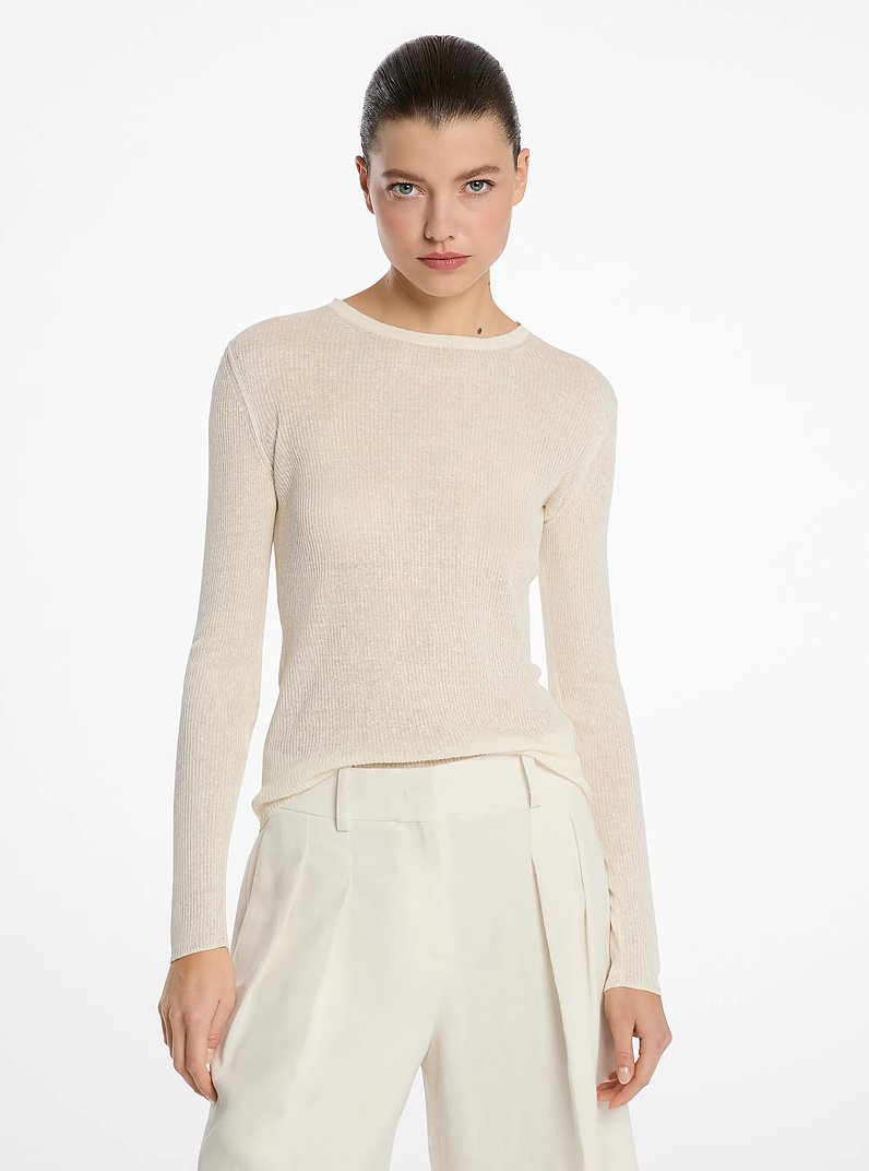 Hutton Ribbed Superfine Linen-and-Cotton Blend Sweater in ECRU | Michael Kors
