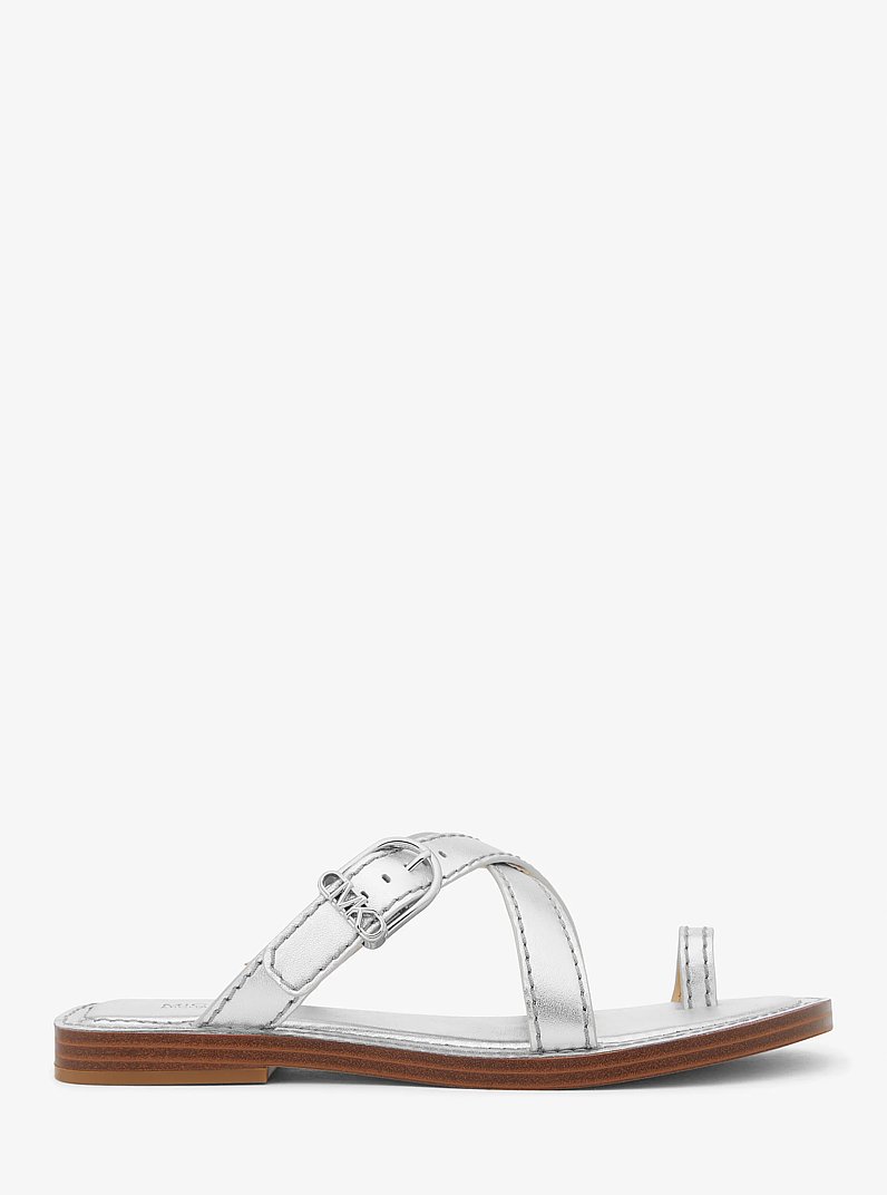 Ashton Metallic Leather Flat Sandal in SILVER | Michael Kors