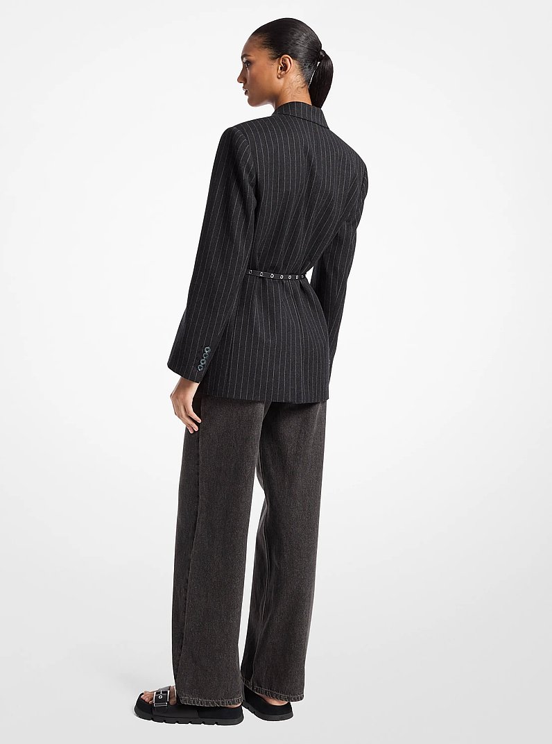 Blazer van wolmix met dubbele knopenrij en riem, gestreept in CHARCOAL HEATHER | Michael Kors