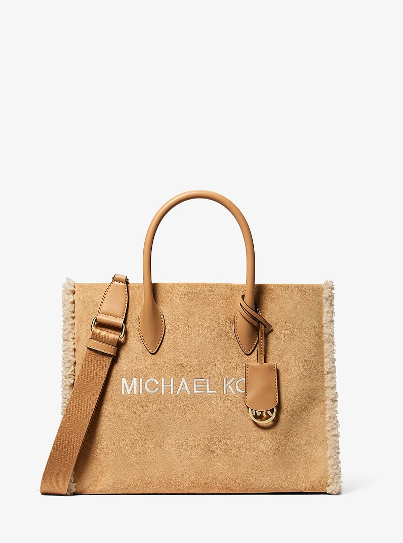 Mirella Medium Suede and Faux Shearling Tote Bag in PEANUT | Michael Kors