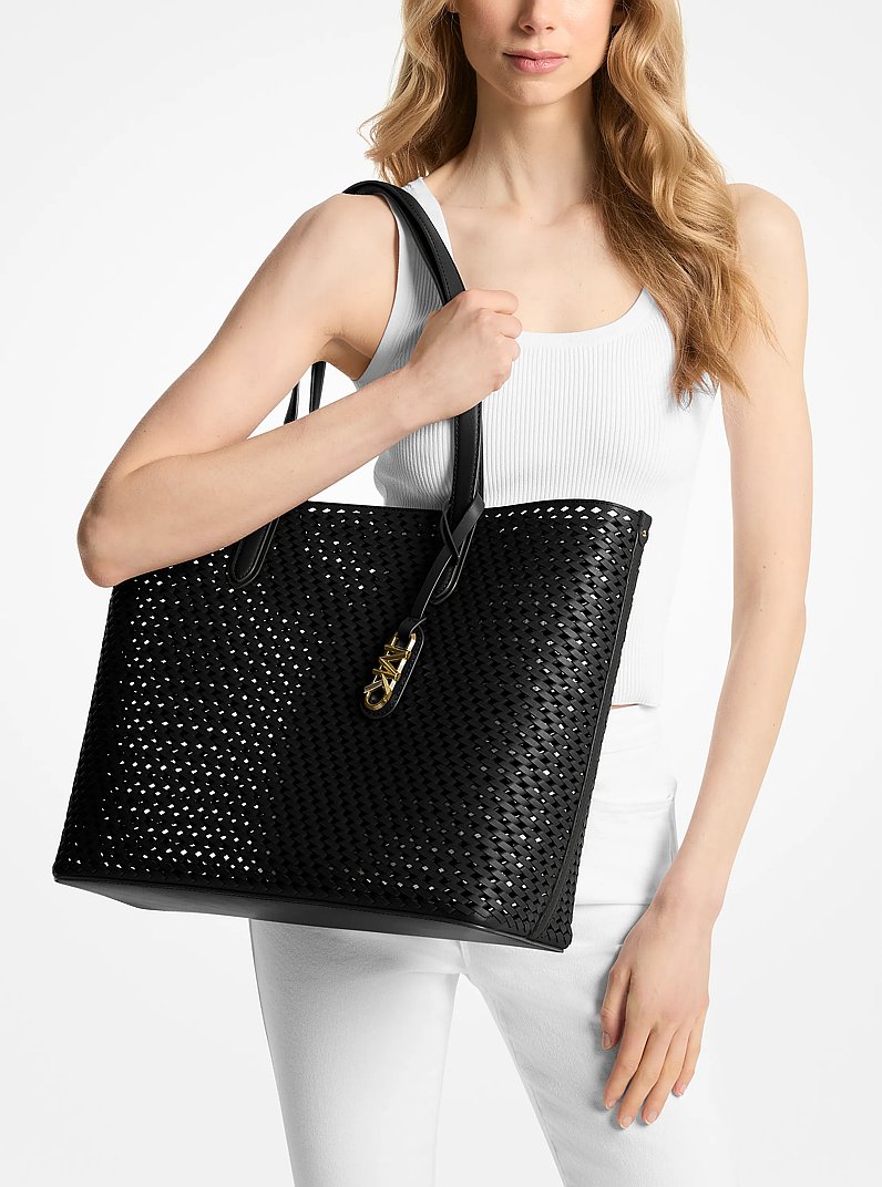 Eliza Extra-Large Hand-Woven Leather Tote Bag in BLACK | Michael Kors