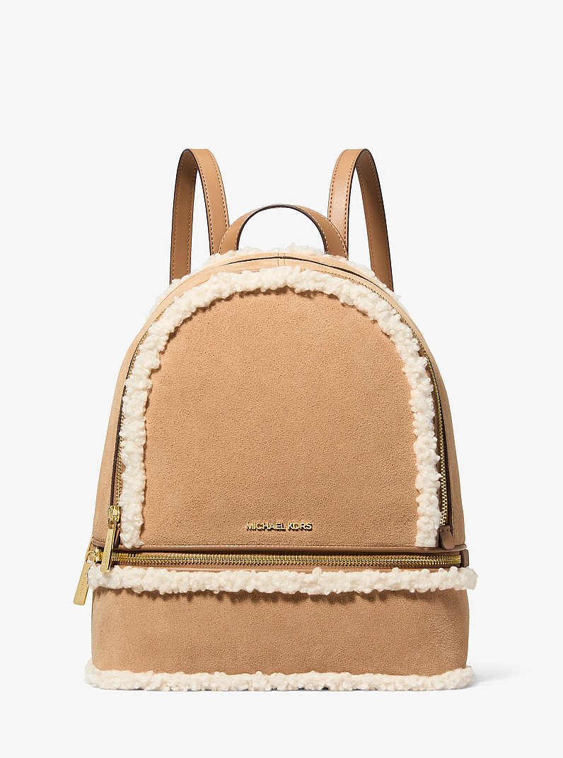 Rhea Medium Suede and Faux Shearling Backpack in PEANUT | Michael Kors