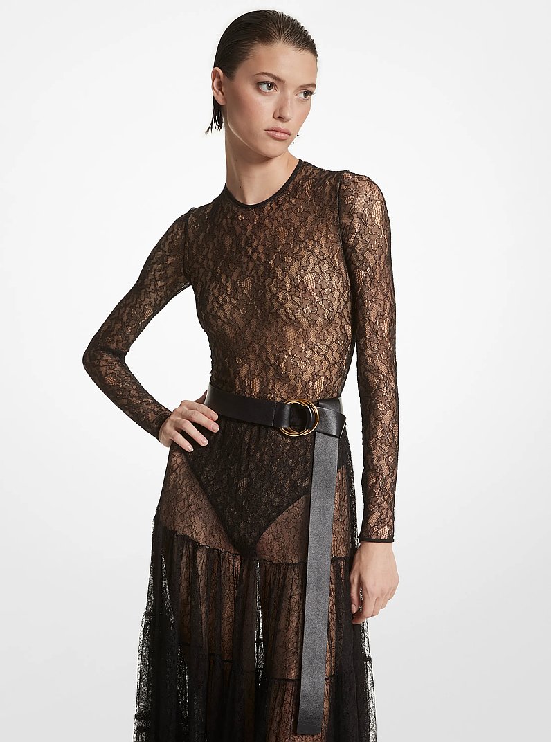 Stretch Chantilly Lace Bodysuit in BLACK | Michael Kors