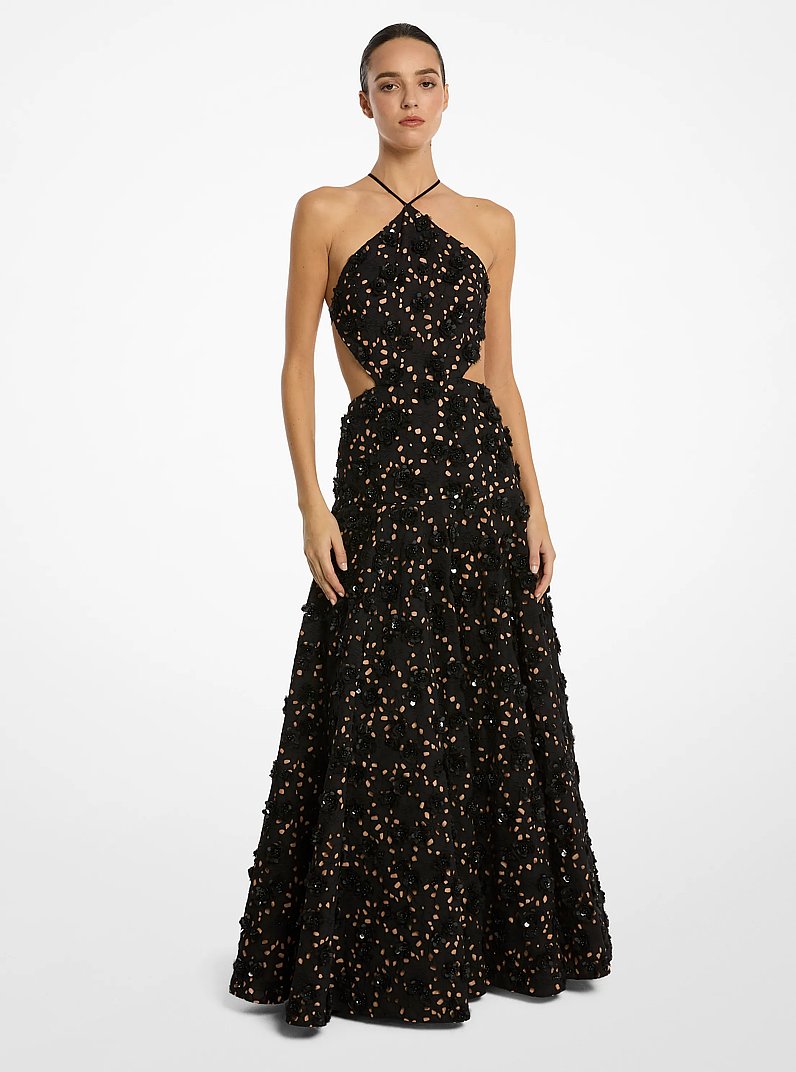 Hand-Beaded Floral Cotton Eyelet Cutout Halter Gown in BLACK | Michael Kors