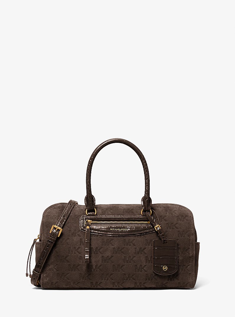 Jet Set Travel Medium Logo Embossed Suede Duffel Crossbody Bag in CHOCOLATE | Michael Kors