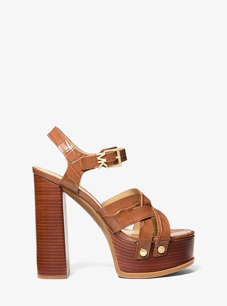Nora Crocodile Embossed Leather Platform Sandal in LUGGAGE | Michael Kors