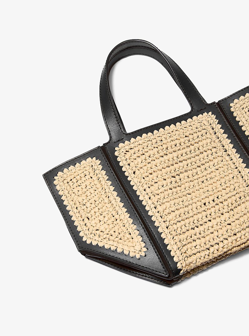 Jordi Small Hand-Crocheted Straw and Leather Tote Bag in NATURAL/BLACK | Michael Kors