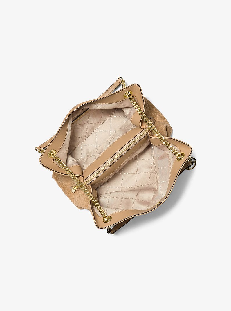 Christina Medium Logo Debossed Microsuede Messenger Bag in CAMEL | Michael Kors