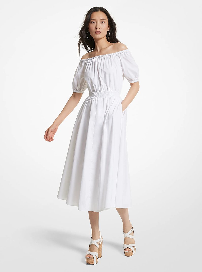 Vestido de popelina el&aacute;stica de algod&oacute;n org&aacute;nico con hombros descubiertos in BLANCO | Michael Kors