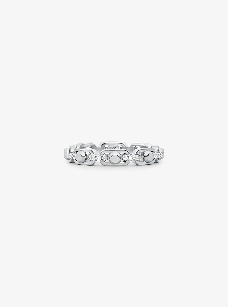 Anello Astor piccolo con maglie a catena in argento sterling con placcatura in metallo prezioso e pav&egrave; in ARGENTO | Michael Kors