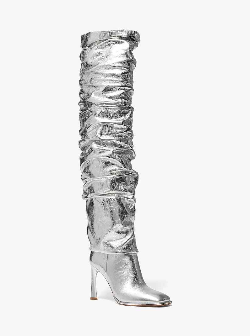 Kelsea Crackled Metallic Leather Slouchy Boot in SILVER | Michael Kors