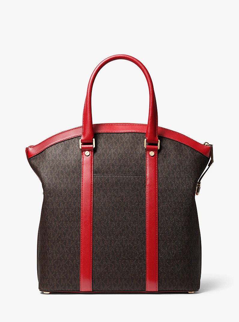 Grand sac fourre-tout Bedford Travel arrondi &agrave; logo et &agrave; rayure in MARRON/ROUGE VIF | Michael Kors