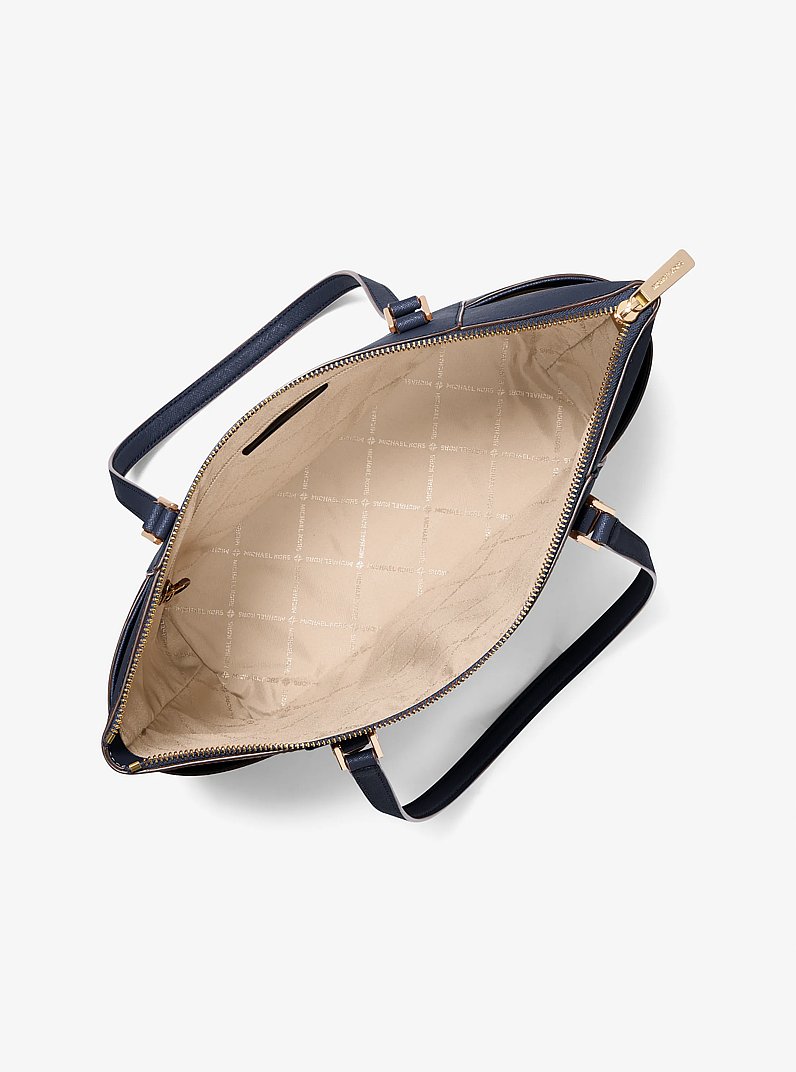 Charlotte Large Saffiano Leather Top-Zip Tote Bag in NAVY