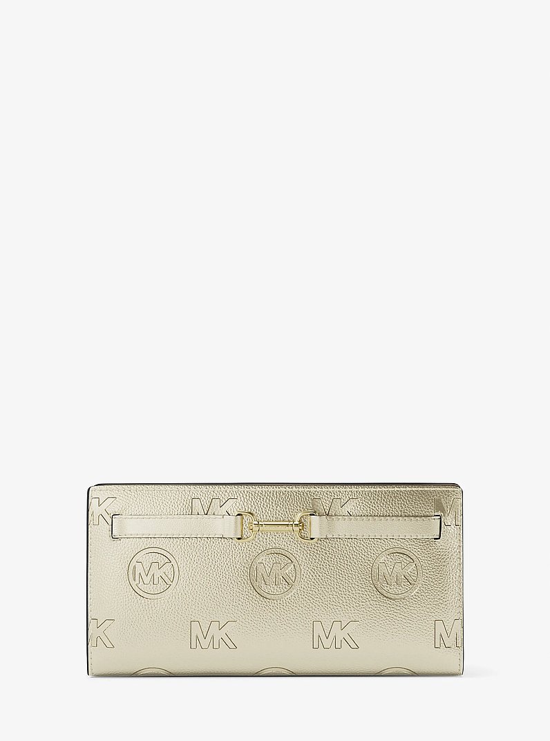 Grand portefeuille &agrave; bouton-pression Carson &agrave; logo m&eacute;tallis&eacute; et grav&eacute; in OR P&Acirc;LE | Michael Kors
