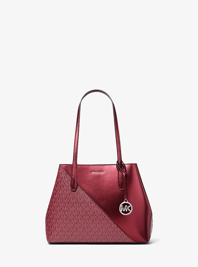 Avalon Medium Metallic and Signature Logo Tote Bag in BORDEAUX | Michael Kors
