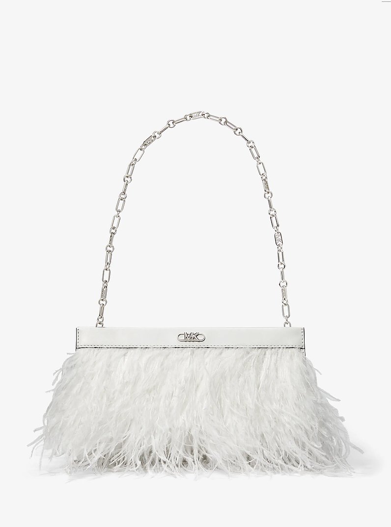 Tabitha Large Feather Embellished Leather Clutch in OPTIC WHITE | Michael Kors