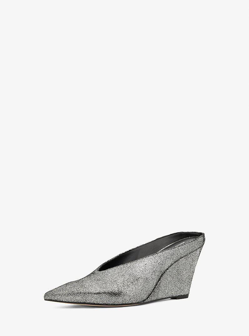 Xandra Metallic Leather Wedge Mule in SILVER | Michael Kors