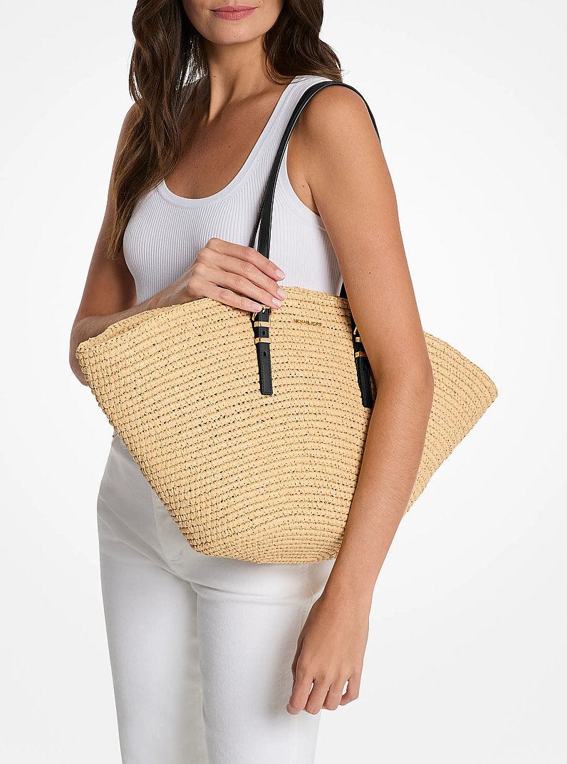 Isa Large Hand-Crocheted Straw Tote Bag in NATURAL/BLACK | Michael Kors