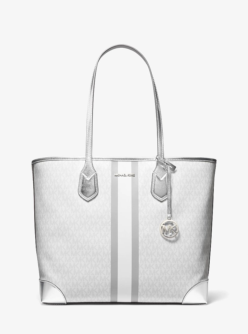 Eva Large Metallic Signature Logo Stripe Tote Bag in OPTIC WHITE | Michael Kors